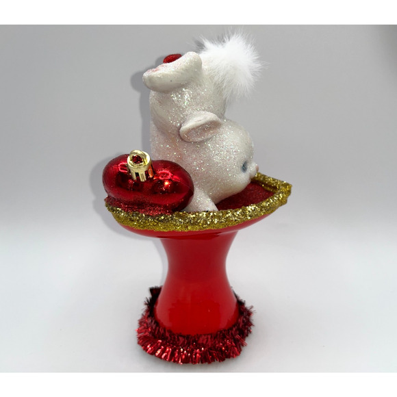 Vintage Tumbling Bunny Red Ceramic Pedestal Heart Dish Gold Valentines Day OOAK - Picture 6 of 16